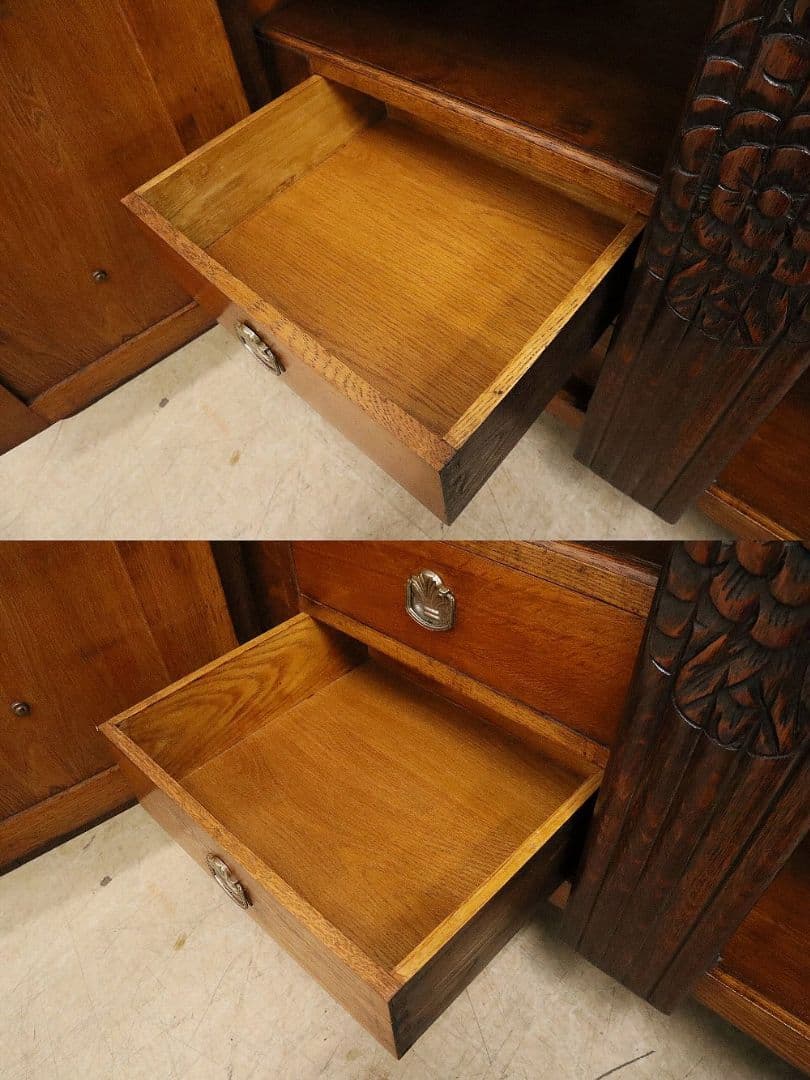 英国アンティーク・オーク材 サイドボード・木彫刻・バルボスレッグ・アールデコ