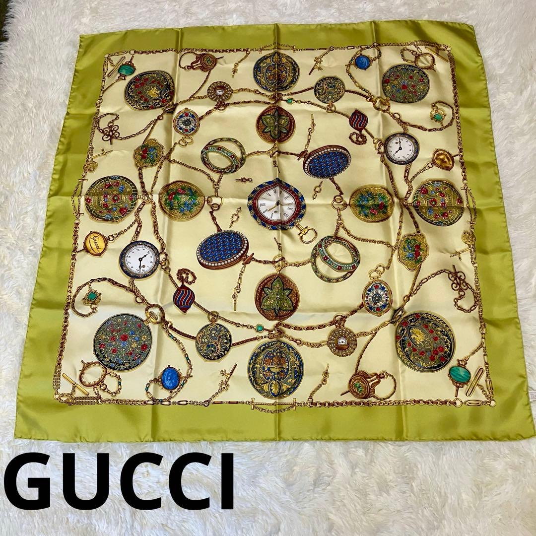 GUCCI 時計プリント シルクスカーフ 美品