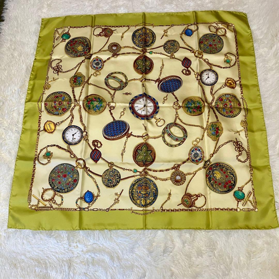 GUCCI 時計プリント シルクスカーフ 美品