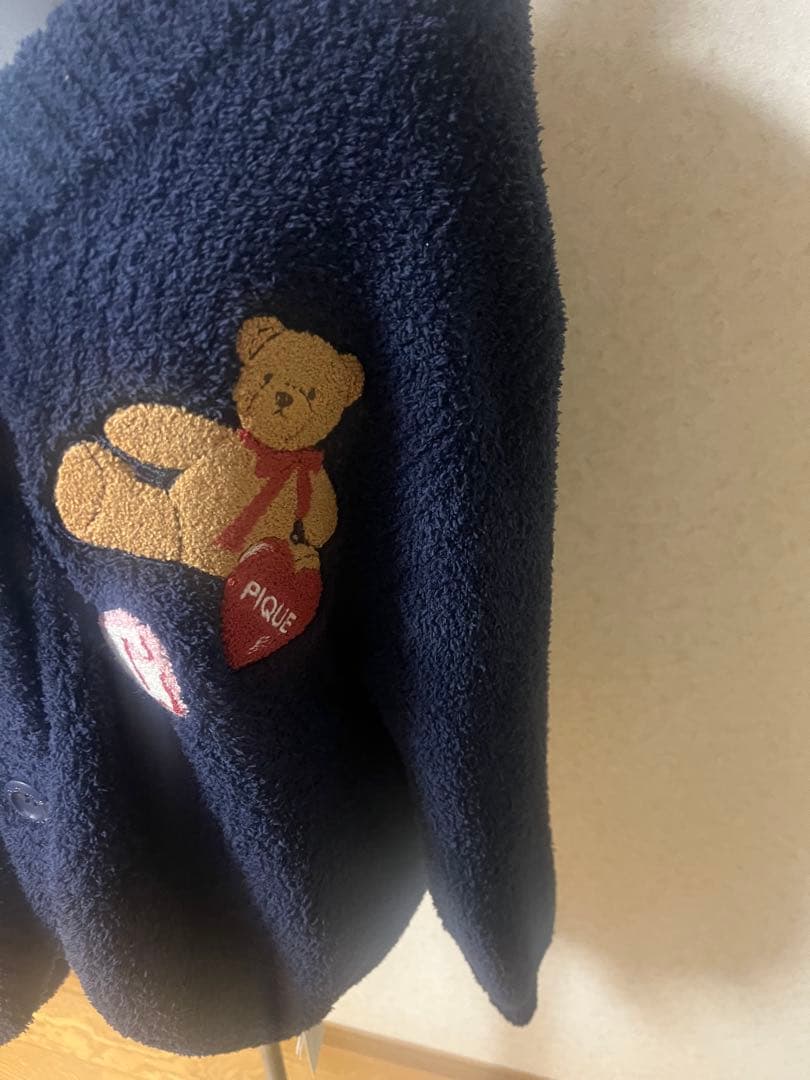 pique テディベア刺繍 カーディガン ネイビー