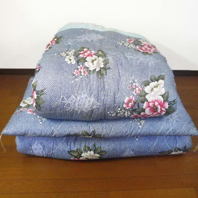 寝具 掛敷布団 シングル 和式 昔ながら 花柄 牡丹 ブルー(T08-2)