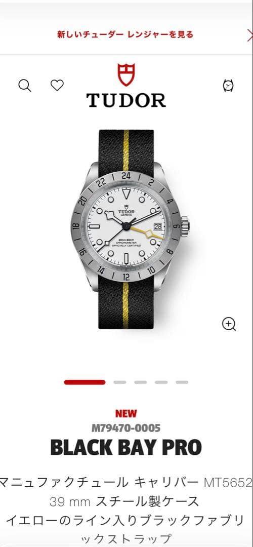 チューダーブラックベイプロ　純正ファブリックベルトTUDOR イエローライン
