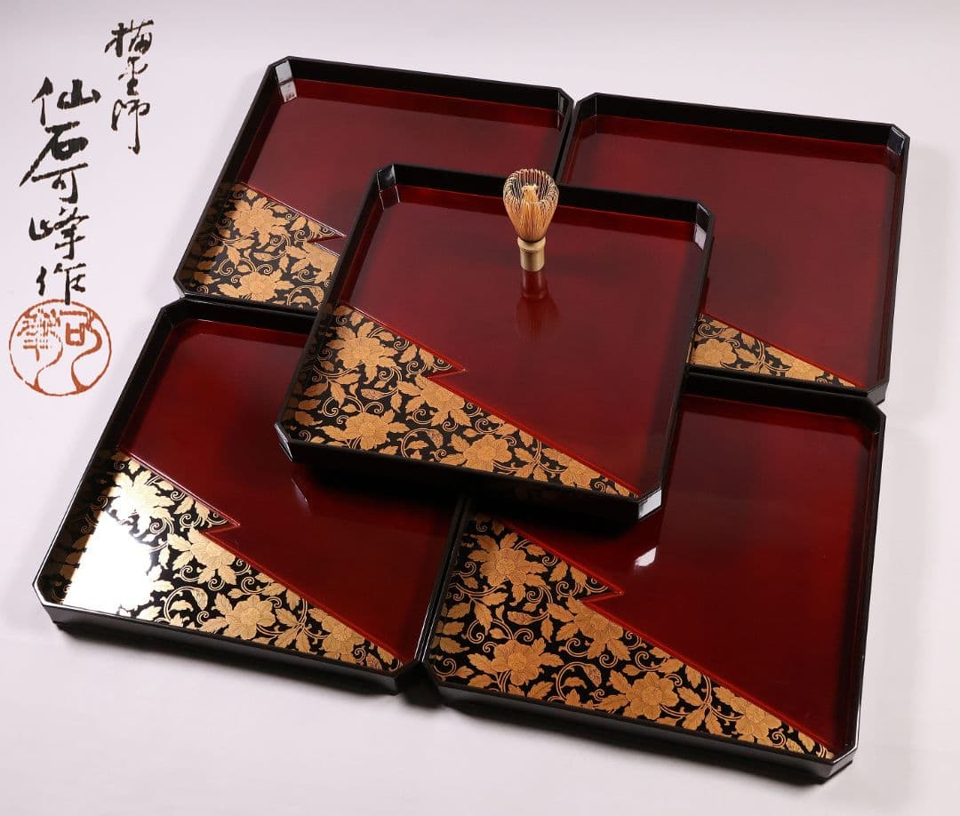 【CM371】加賀描金師 仙石可峰作 花唐草 隅切四方膳 五客 木製 折敷