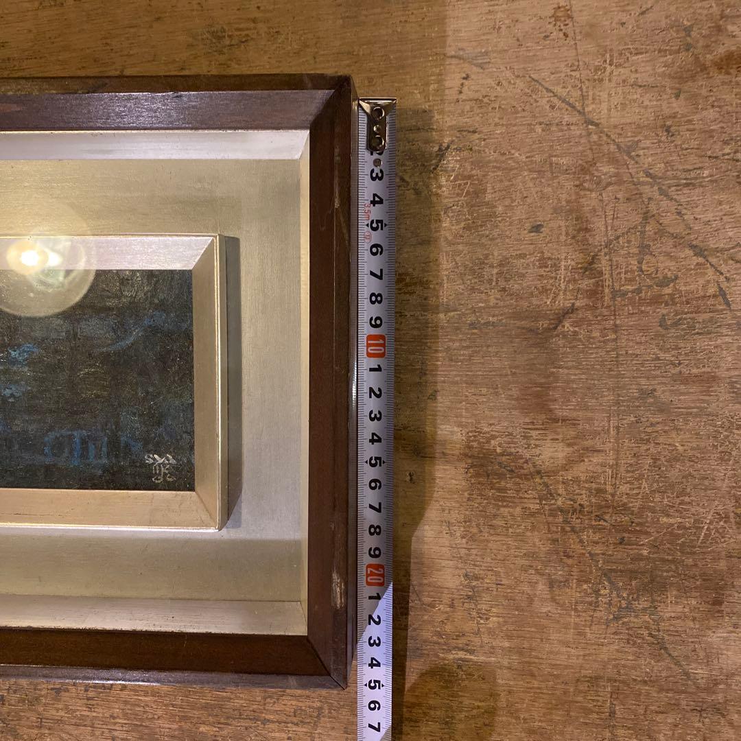 江戸時代っぽい街並み 綺麗なブルーの横長油彩・額装／サイン有・作家不詳