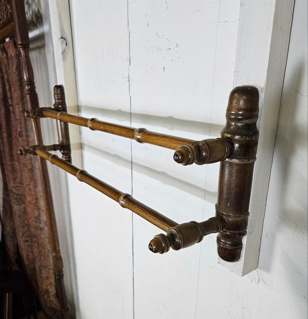 フランス アンティーク 木製 2連 タオルハンガー バンブーモチーフ ウッド