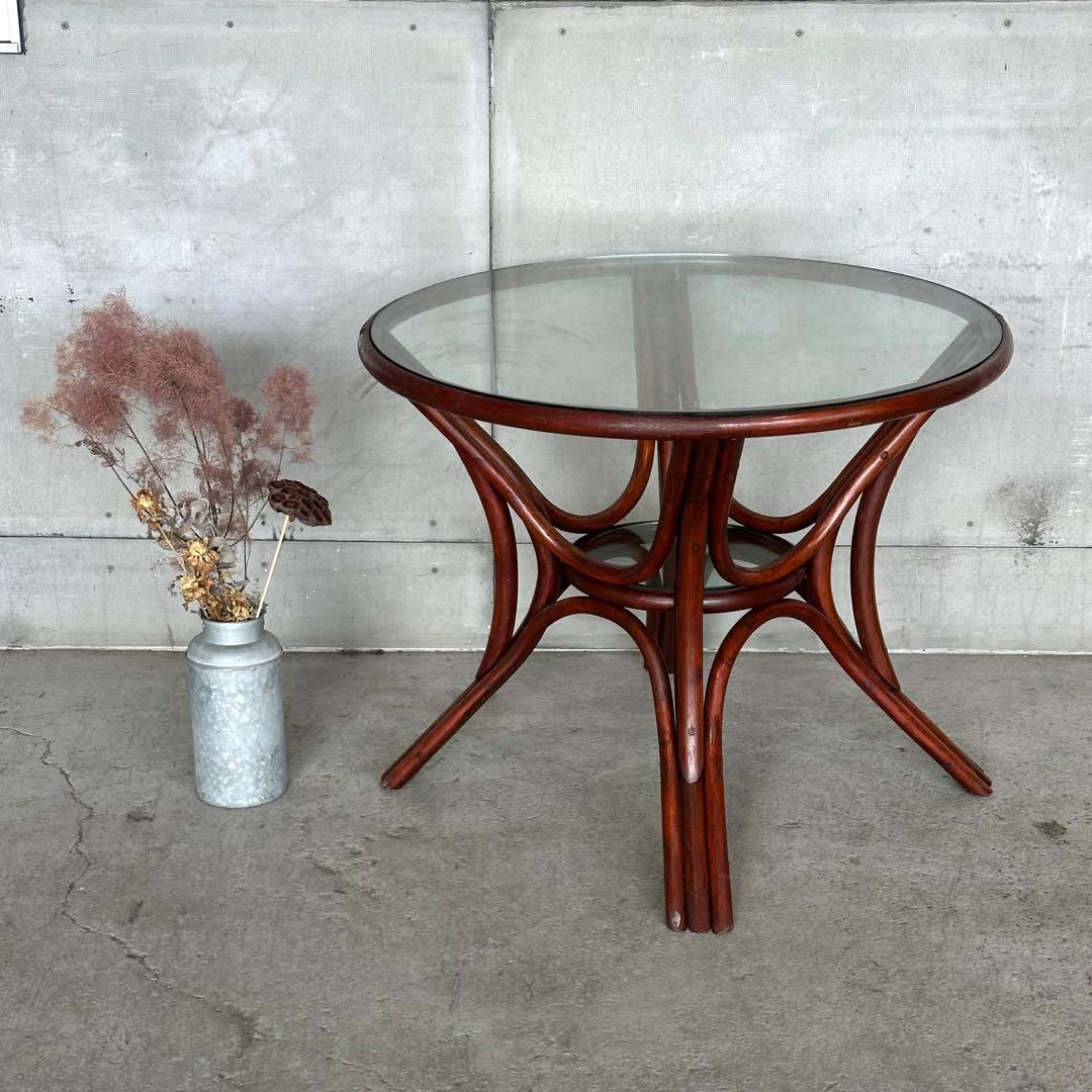 ꧁オールドラタン꧂ 90s大型 ガラステーブル 直径91cm リゾート モダン