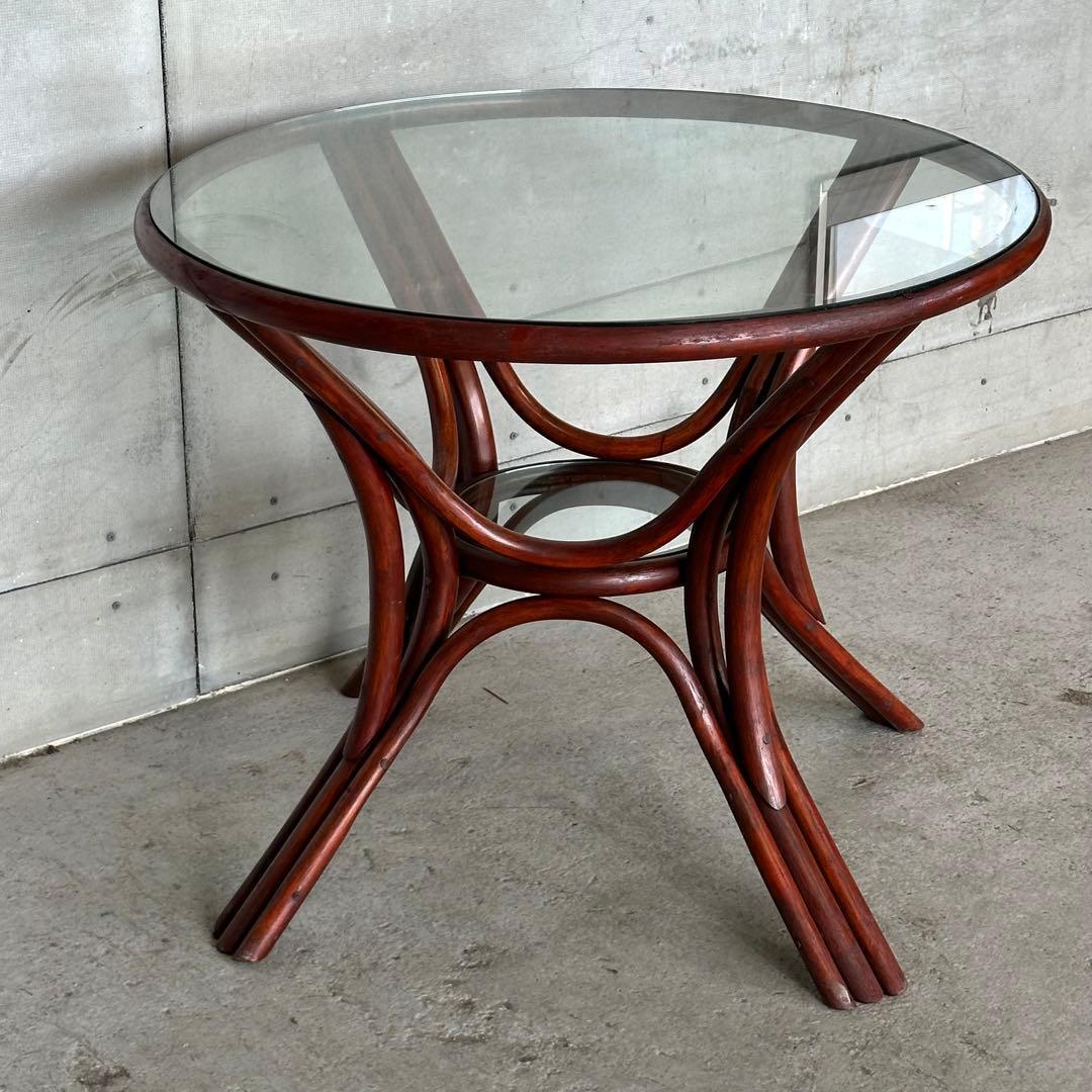 ꧁オールドラタン꧂ 90s大型 ガラステーブル 直径91cm リゾート モダン