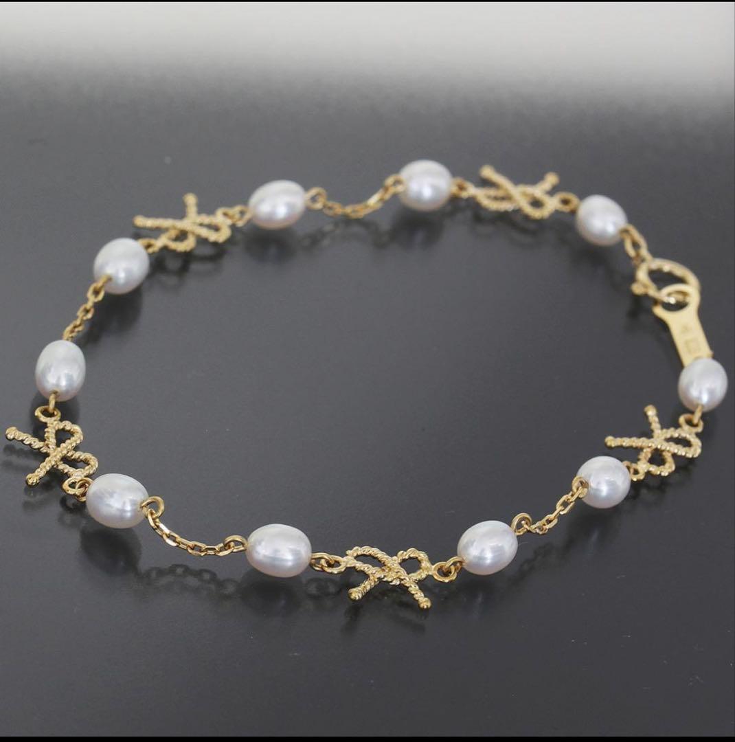 タサキ パール リボン チェーン ブレスレット K18YG『中古品』