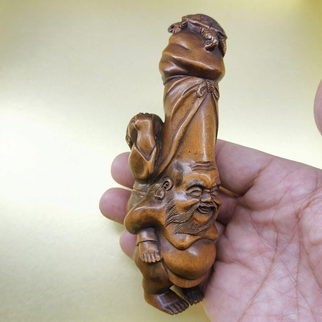 「草田雲非」《整理番号:BK051》 黄楊彫刻夫婦円満長寿ユーモア縁起置物