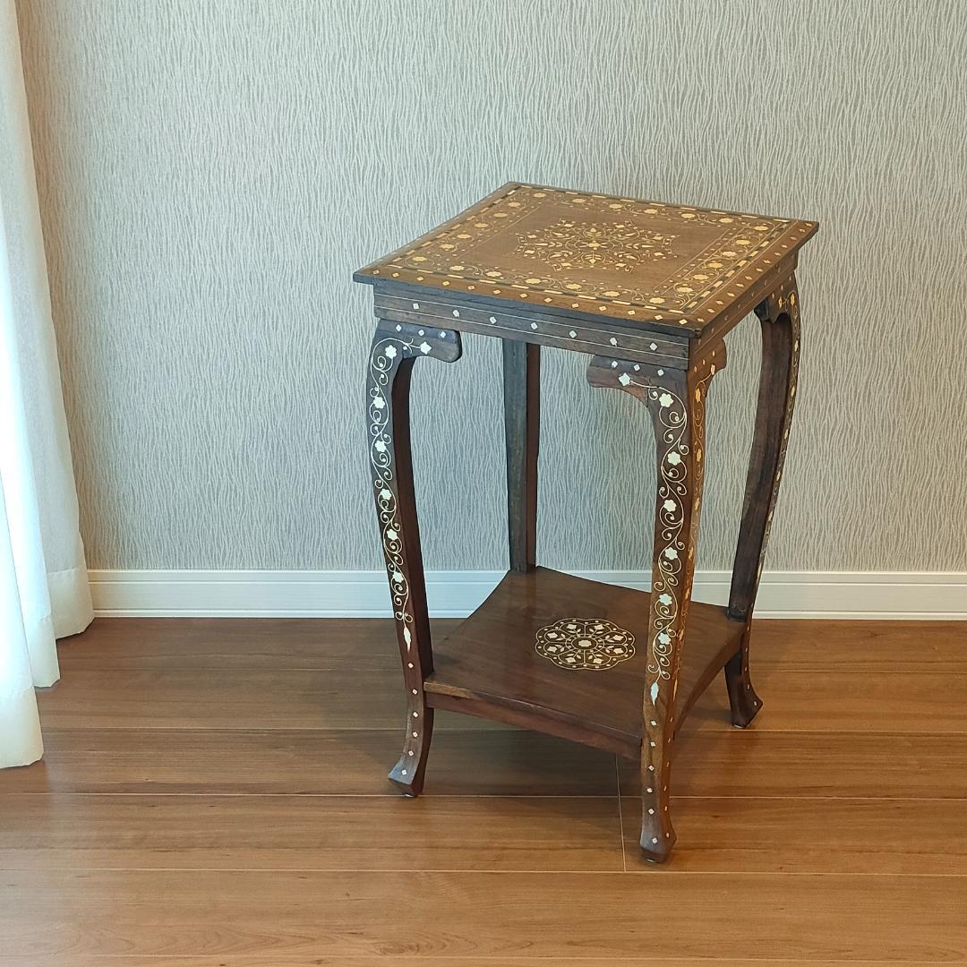 アンティーク　花台　象嵌　サイドテーブル　猫脚　棚付き