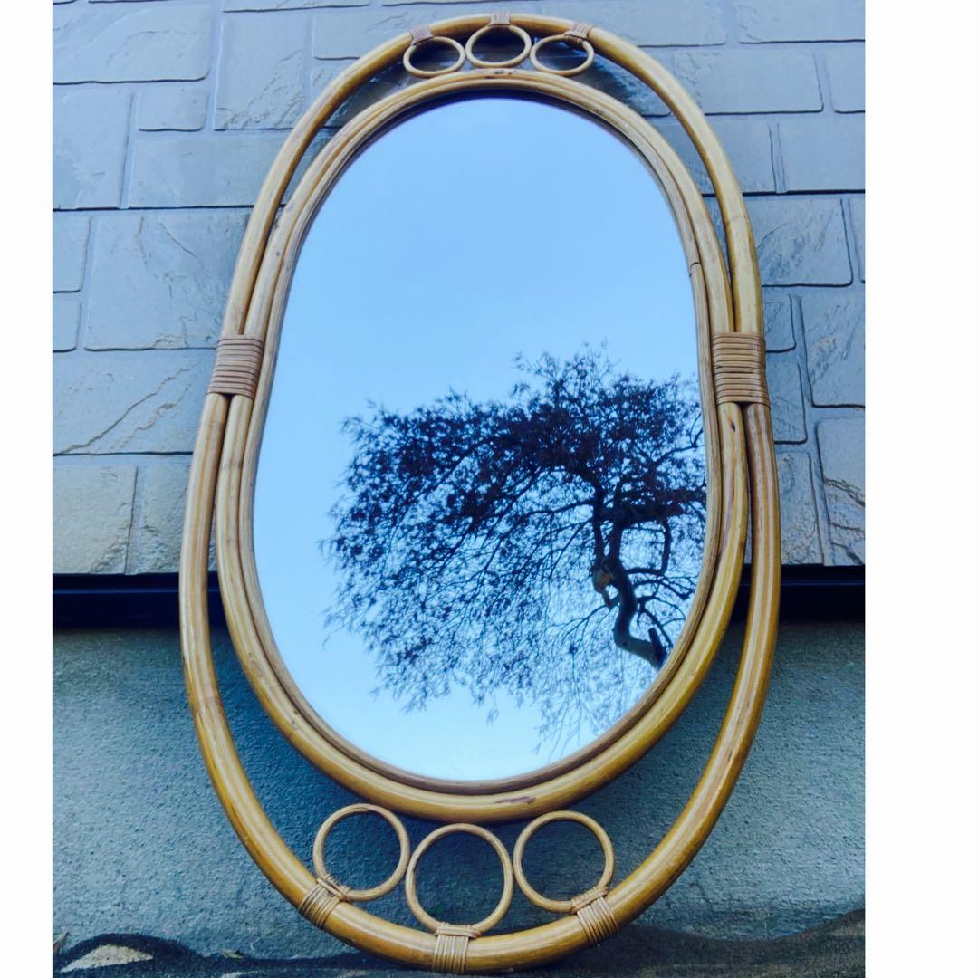 ◾️ラタンフレームミラー 籐 壁掛け鏡 　アンティーク　ウォールミラー