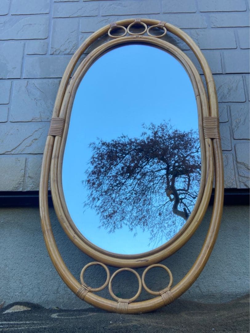 ◾️ラタンフレームミラー 籐 壁掛け鏡 　アンティーク　ウォールミラー