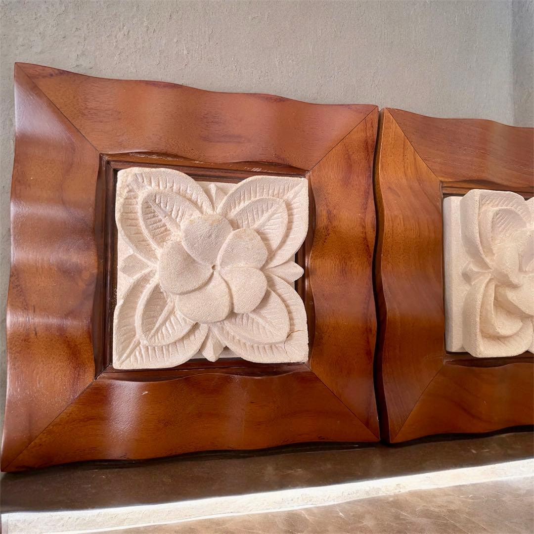 高級チーク材×天然石 壁掛け3点セット｜バリ風 アジアンインテリア（補修あり）