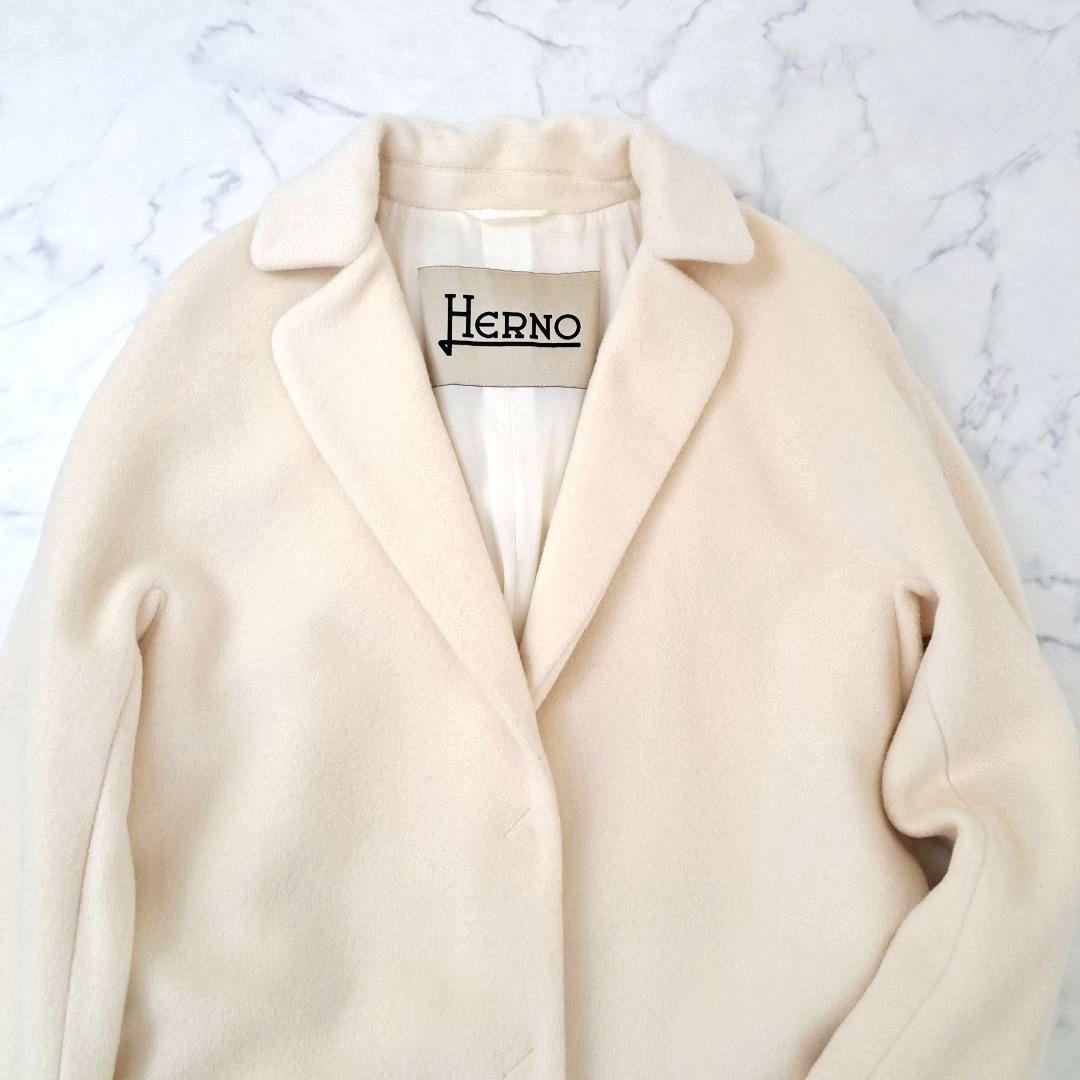 美品 ヘルノ HERNO ウールアンゴラ素材 ロングコート ロゴプレート 40