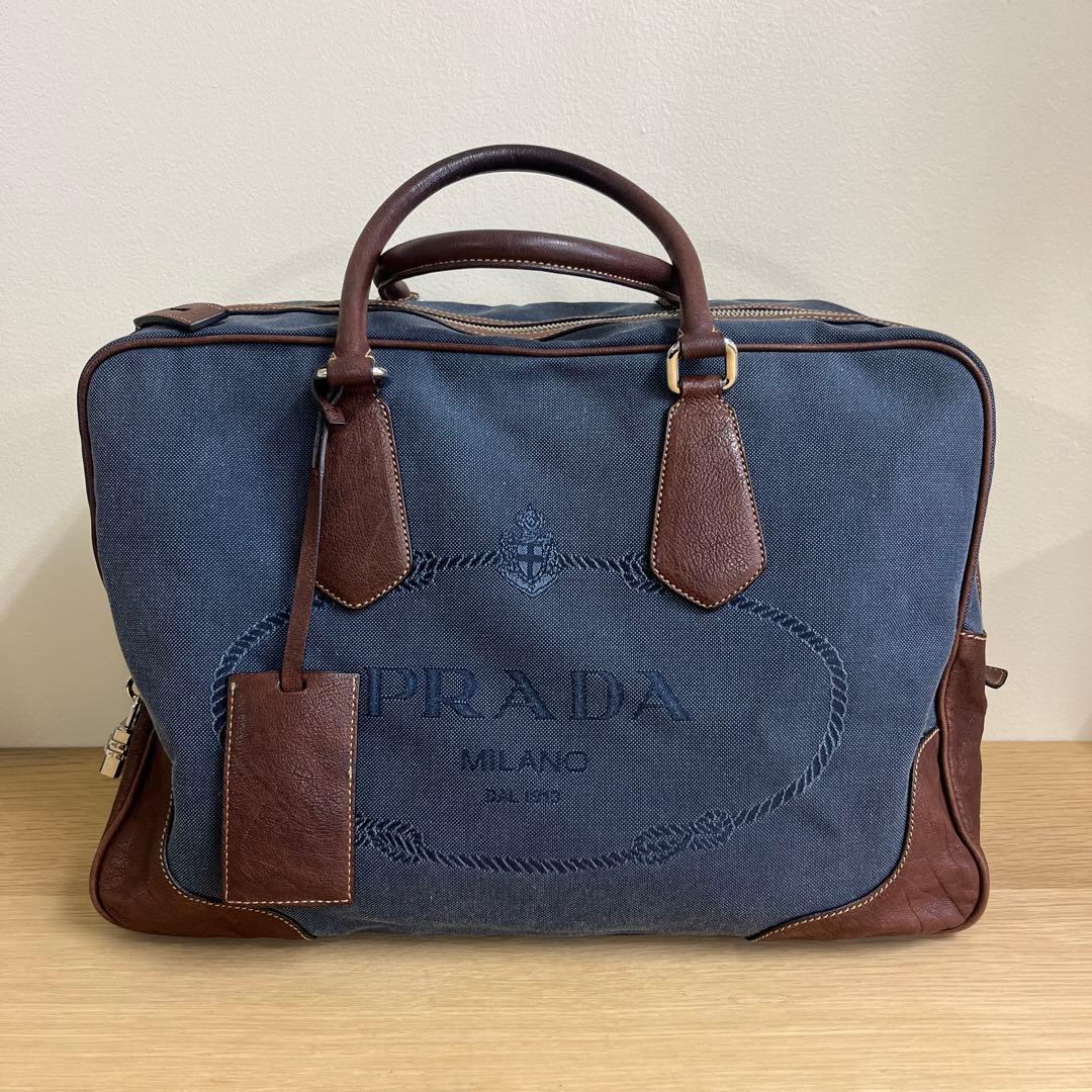 PRADA プラダ　ボストンバック　レザー　キャンバス　ロゴ　ハンドバック
