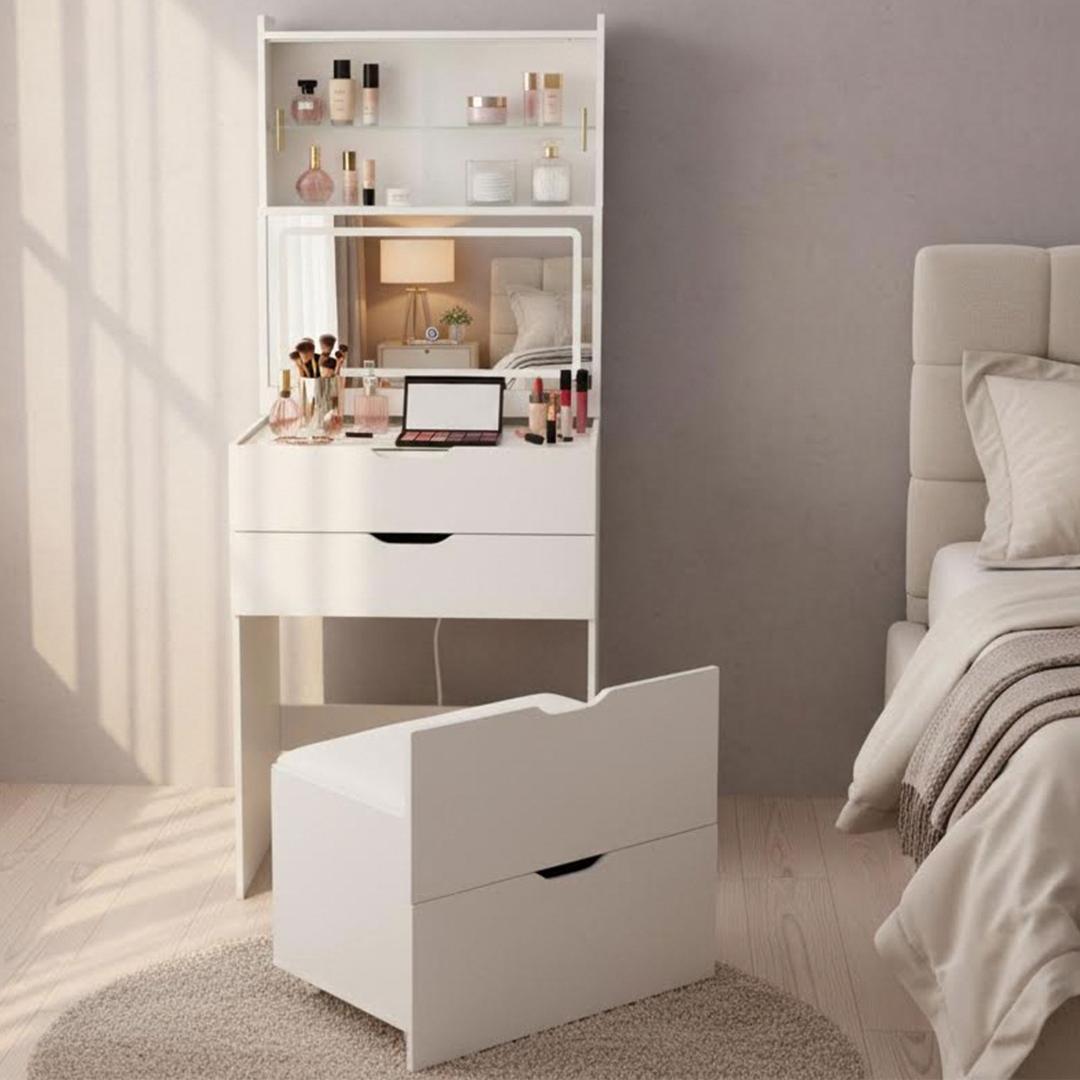 ドレッサー 2WAY天板 無段階調節LED女優ミラー 3色 ガラス扉キャビネット