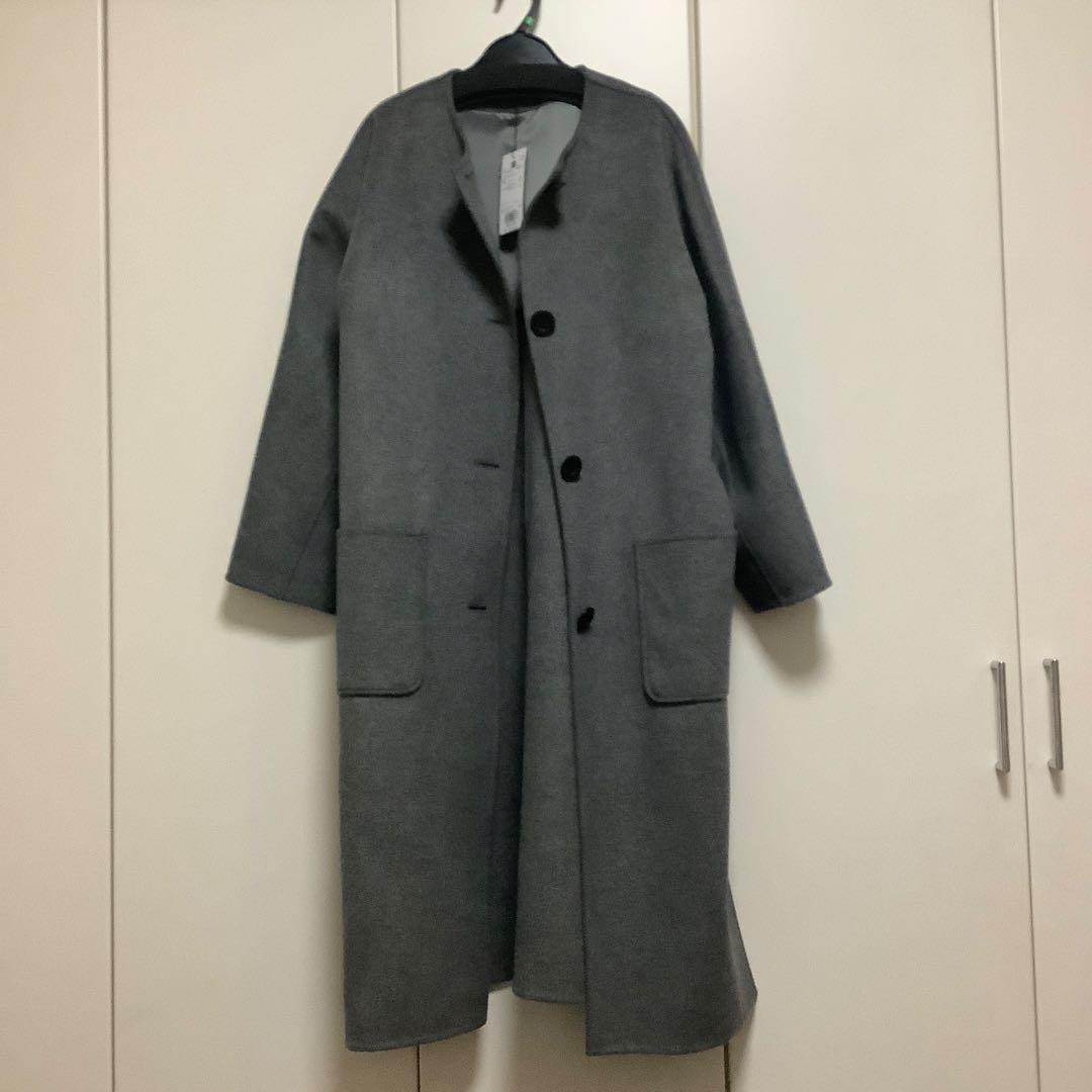 新品未使用品　PLST ウールブレンドリバーカラーレスロングコート