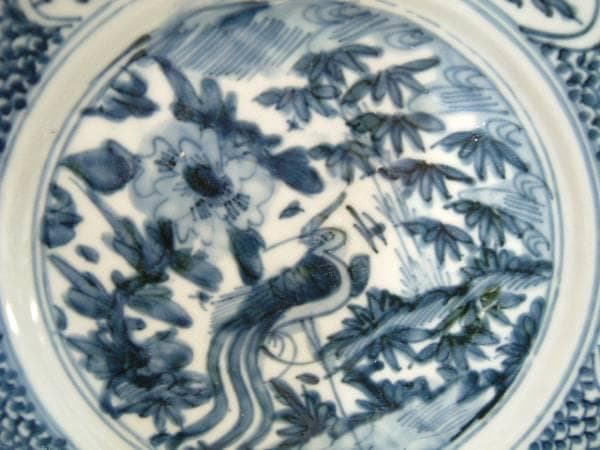 皿■南京呉須 平鉢 染付け花鳥紋 鱗紋 窓花絵 砂高台 青華古玩唐物時代物骨董■