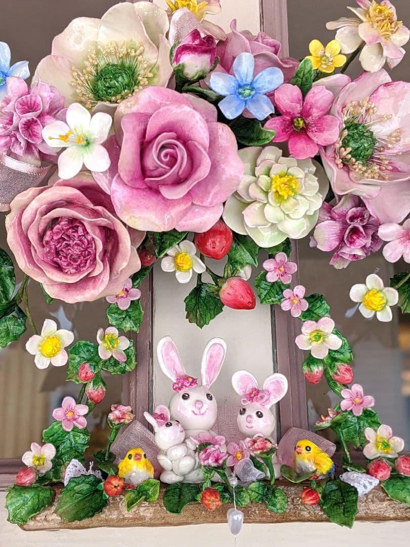 【専用です】クレイフラワー♡うさぎさん親子と薔薇のリース♡ハンドメイド
