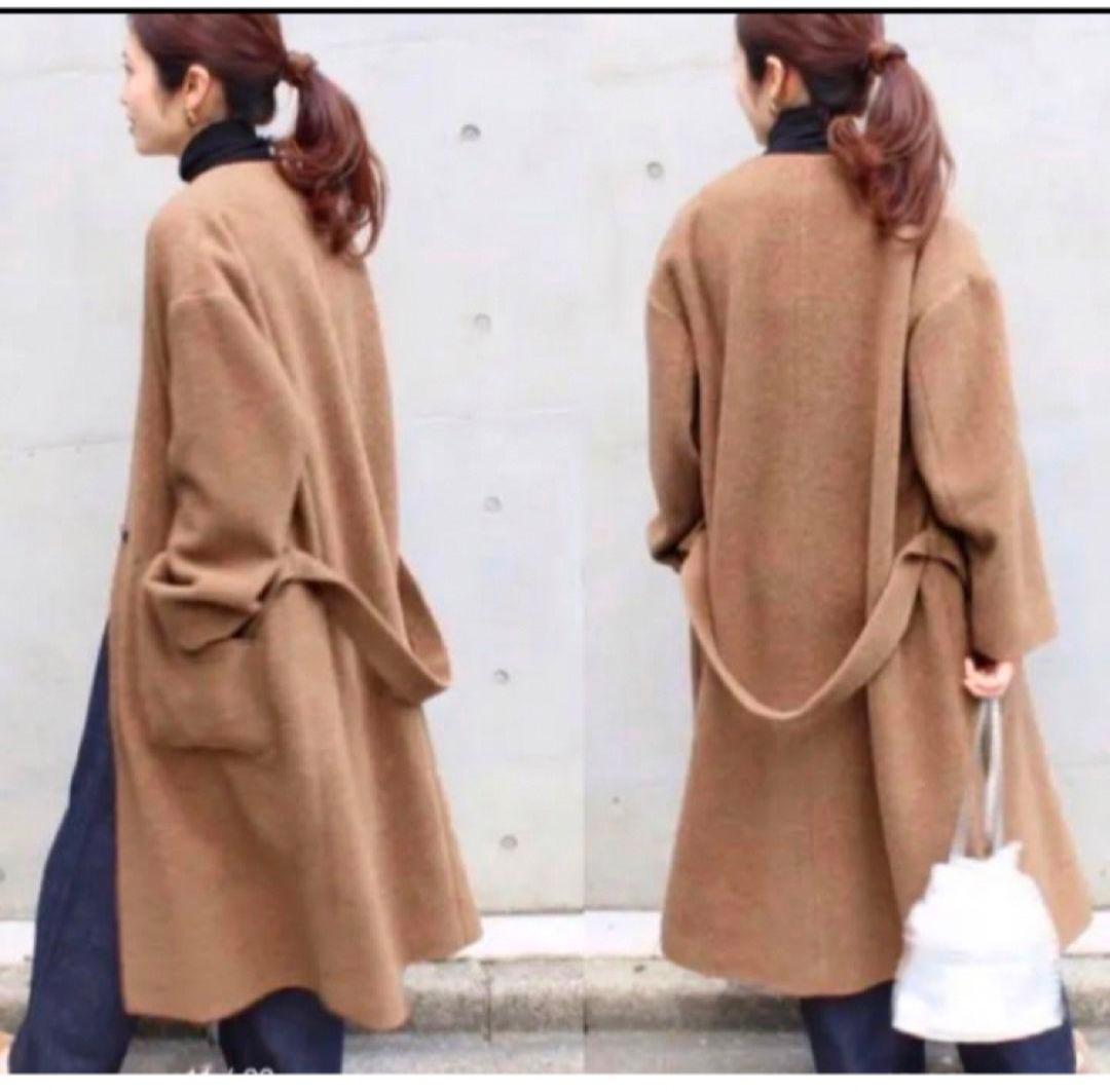 IÉNA ウール ノーカラー ロングコート ベルト付き 36 未使用