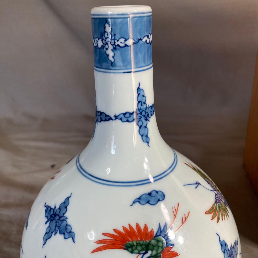 【源右衛門】古伊万里の伝統　日本の名窯　舘林源右衛門作　染錦舞鶴文　鶴首花瓶