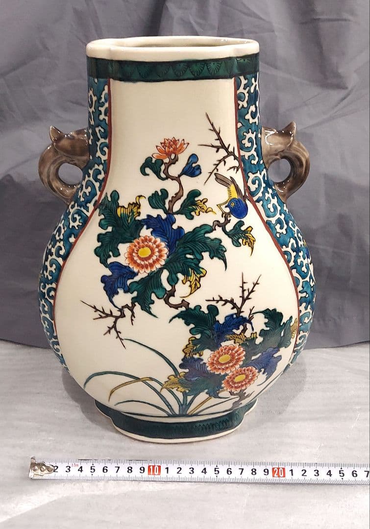 九谷焼　青手　角福　花器　花瓶　置物