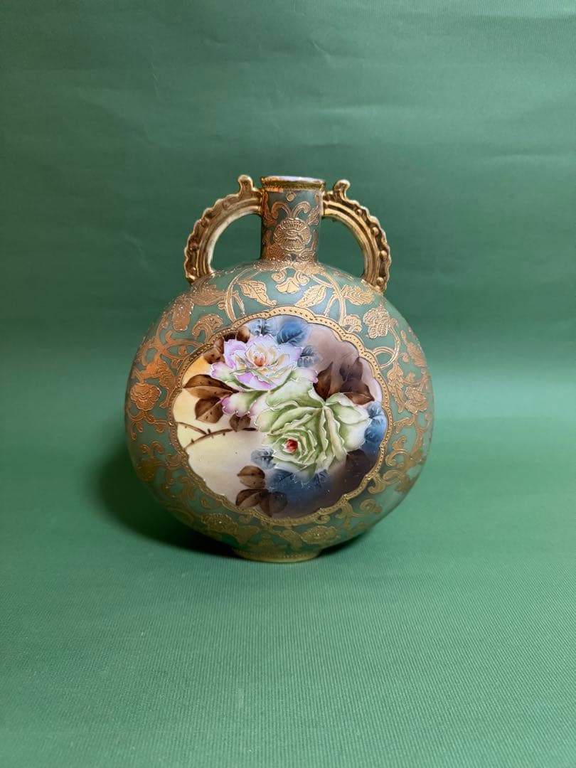 希少 オールドノリタケ 画帖 草花紋 両手付丸型花瓶 メイプルリーフ