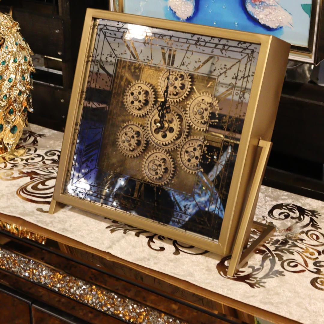 置き時計 クロック ゴールド ギアクロック ヴィンテージ スクエア