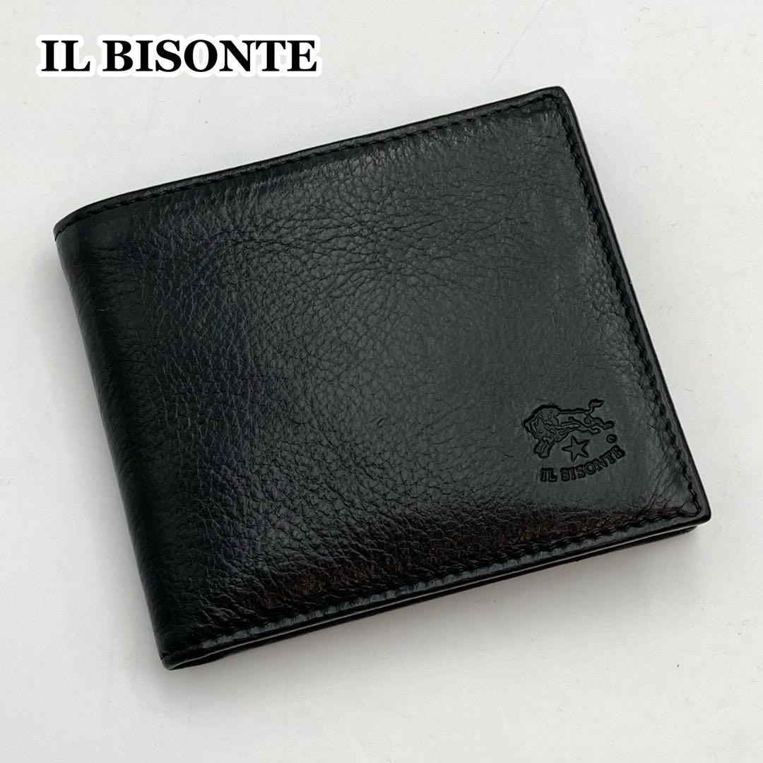 てんてん✨ IL BISONTE 二つ折り財布 黒 レザー ロゴ型押し
