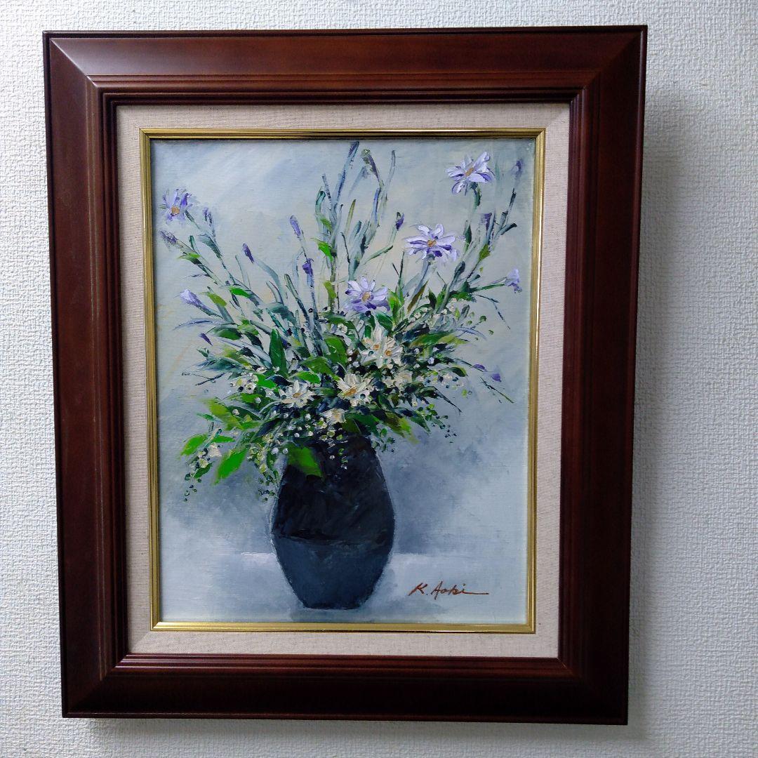 肉質油絵　立て　F6 花と花瓶　青木今陽　額装仕上げ品
