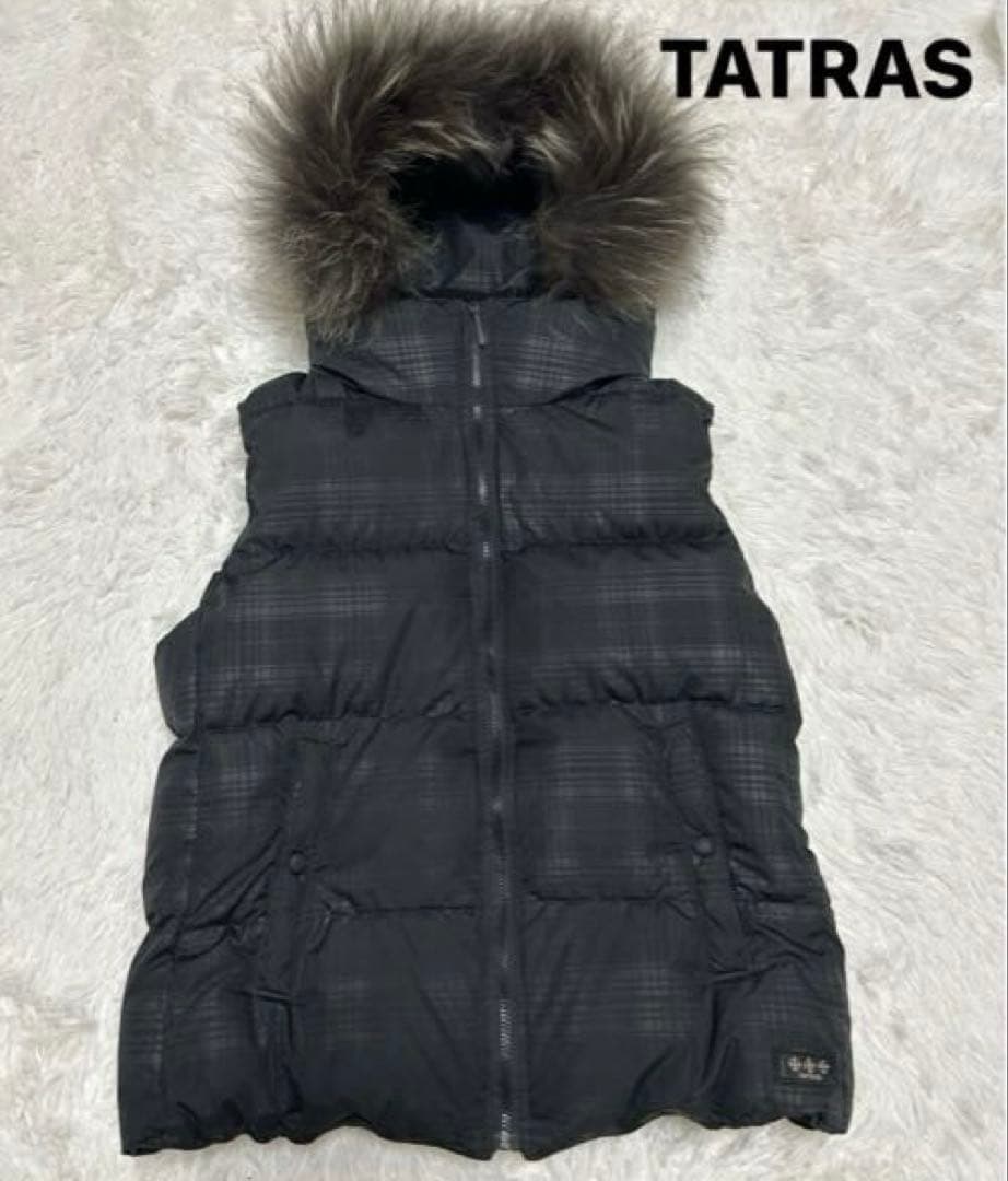 タトラス ダウンベスト　 ラクーンファー　チェック　ブラック　2way