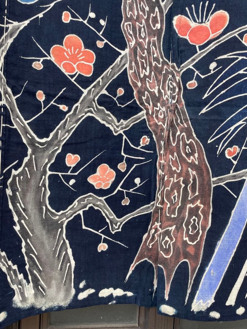 未使用:米沢 藍染 本藍 【遠藤きよ子】筒がき 大判タペストリー 壁掛け 松竹梅