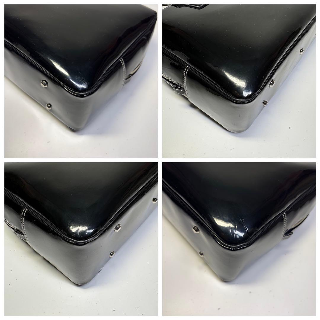 極美品濱野 ハマノ ハンドバッグ セレブボストン エナメル加工 肩掛けブラック