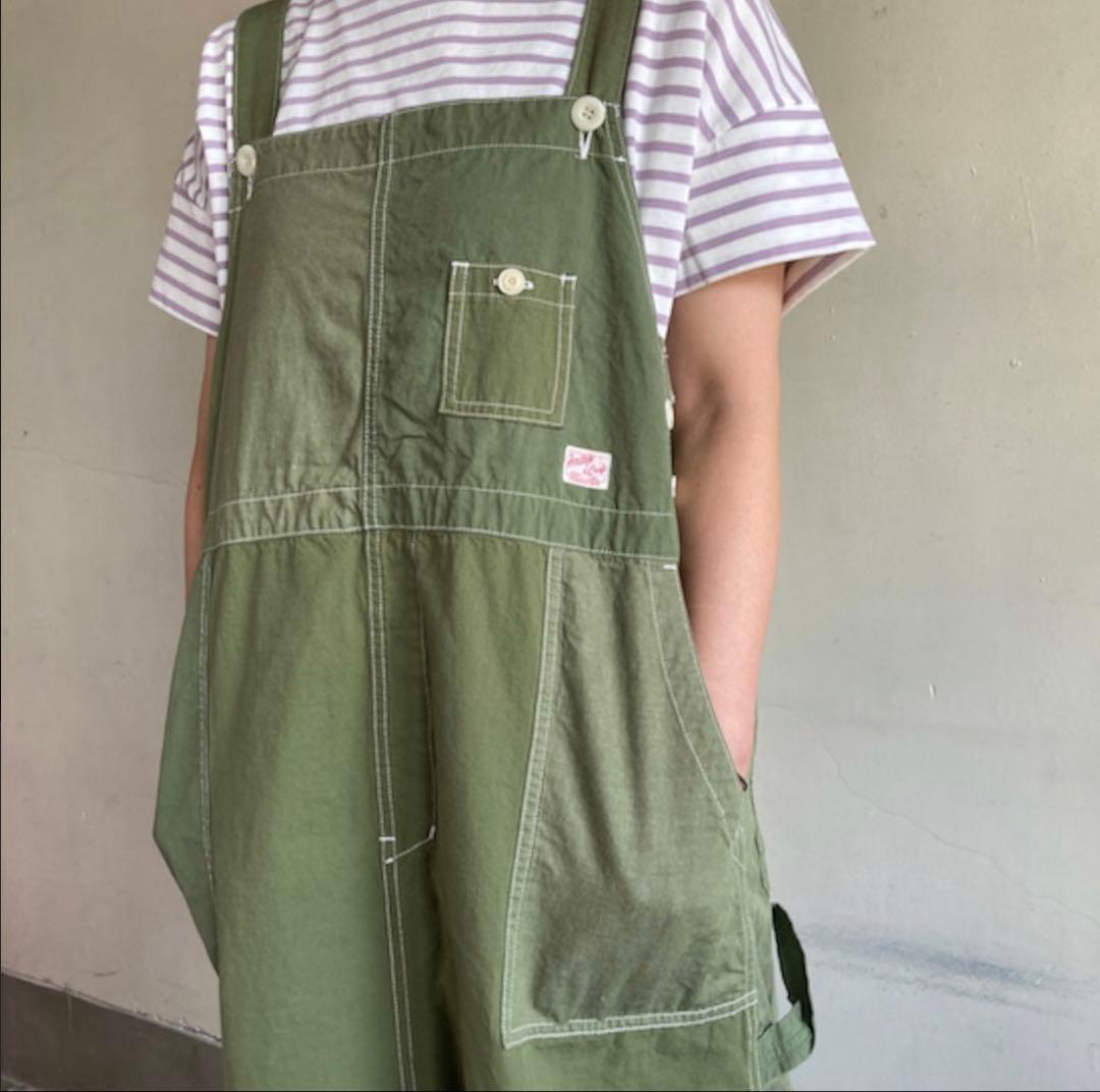 快晴堂 カーキリップストップ パッチワーク オーバーオールスカート
