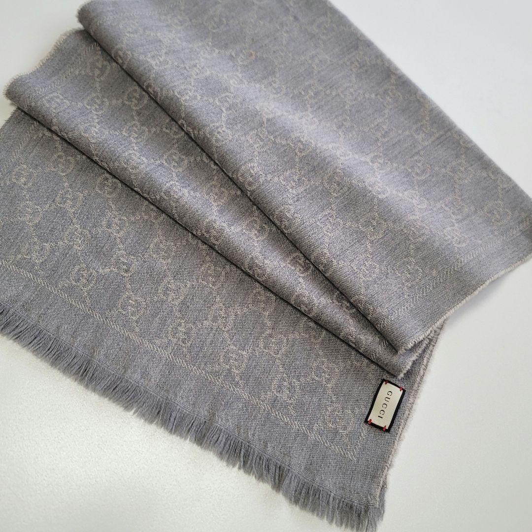 GUCCI グレー GGパターン マフラー フリンジ付き
