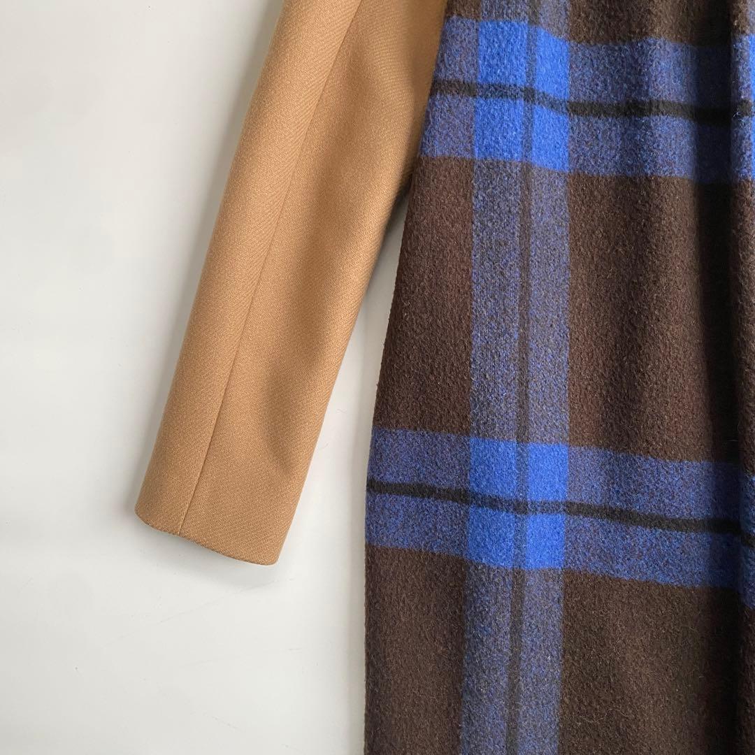 セミクチュール ダブルブレストチェスターコート チェック 青 ブルー ドッキング