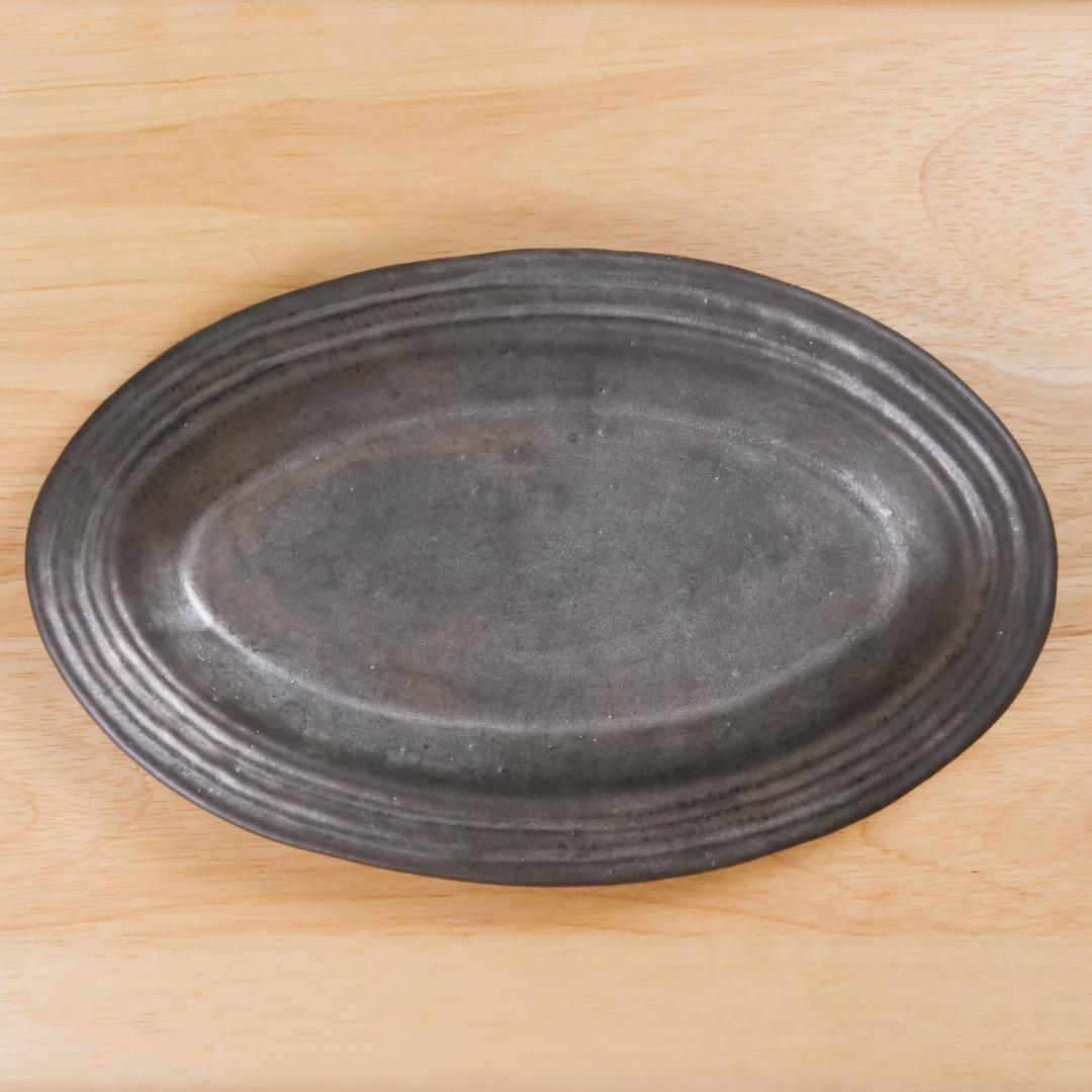 安藤雅信 銀彩ピューター リム筋 オーバルプレート 作家もの 器