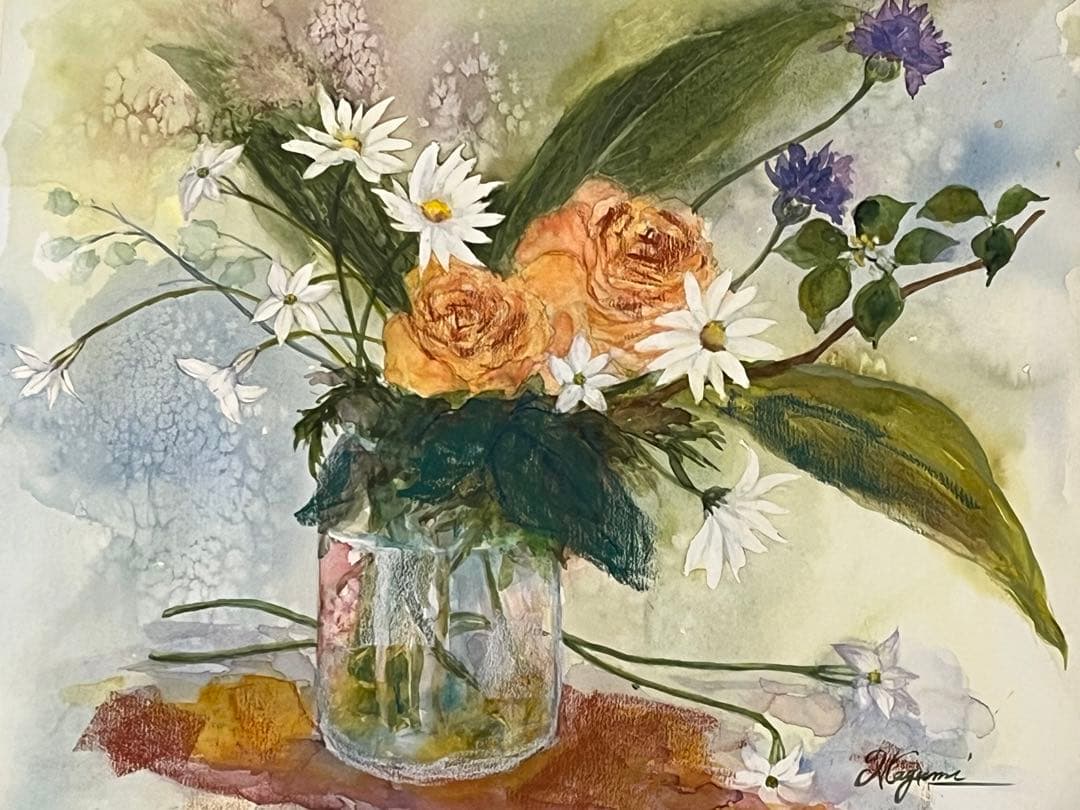 オーダーペイント　薔薇とマーガレット　水彩画　原画