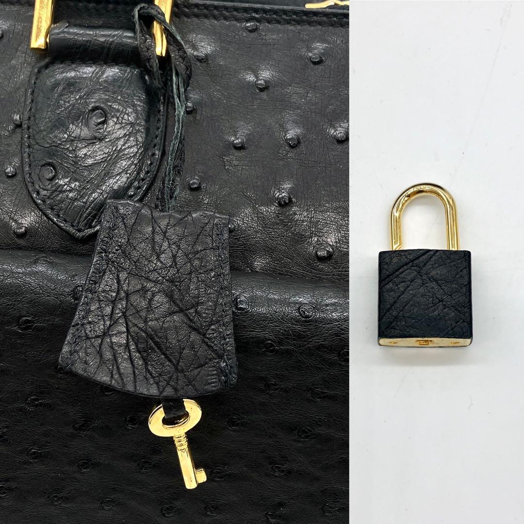 極美品　大型【オーストリッチ本革】ボストンバッグ　ゴールド金具　ブラック
