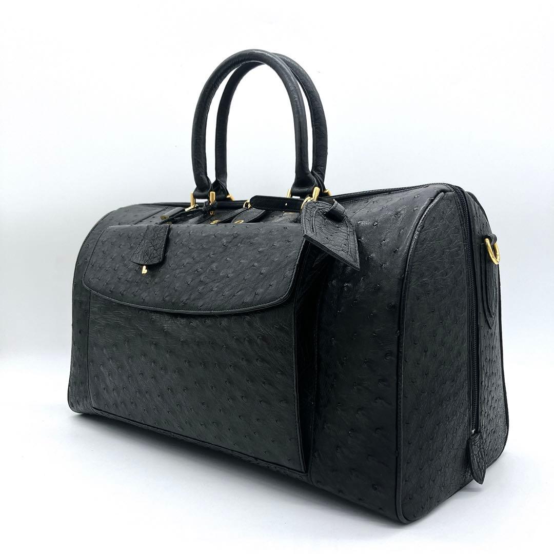 極美品　大型【オーストリッチ本革】ボストンバッグ　ゴールド金具　ブラック
