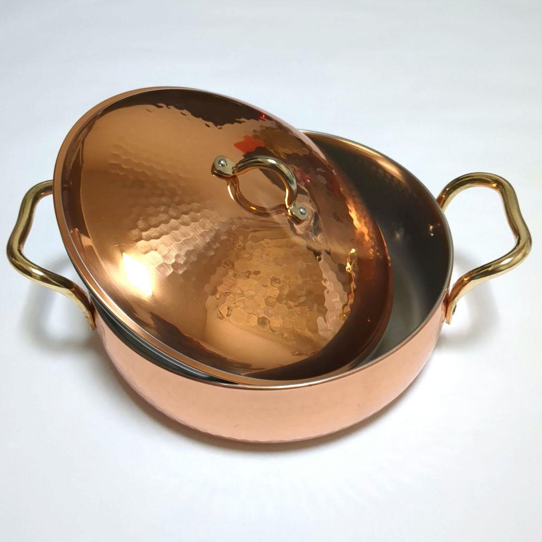 【極美品】純銅製 燕三条 鈴木製作所 槌目 両手鍋 24cm 純銅輝