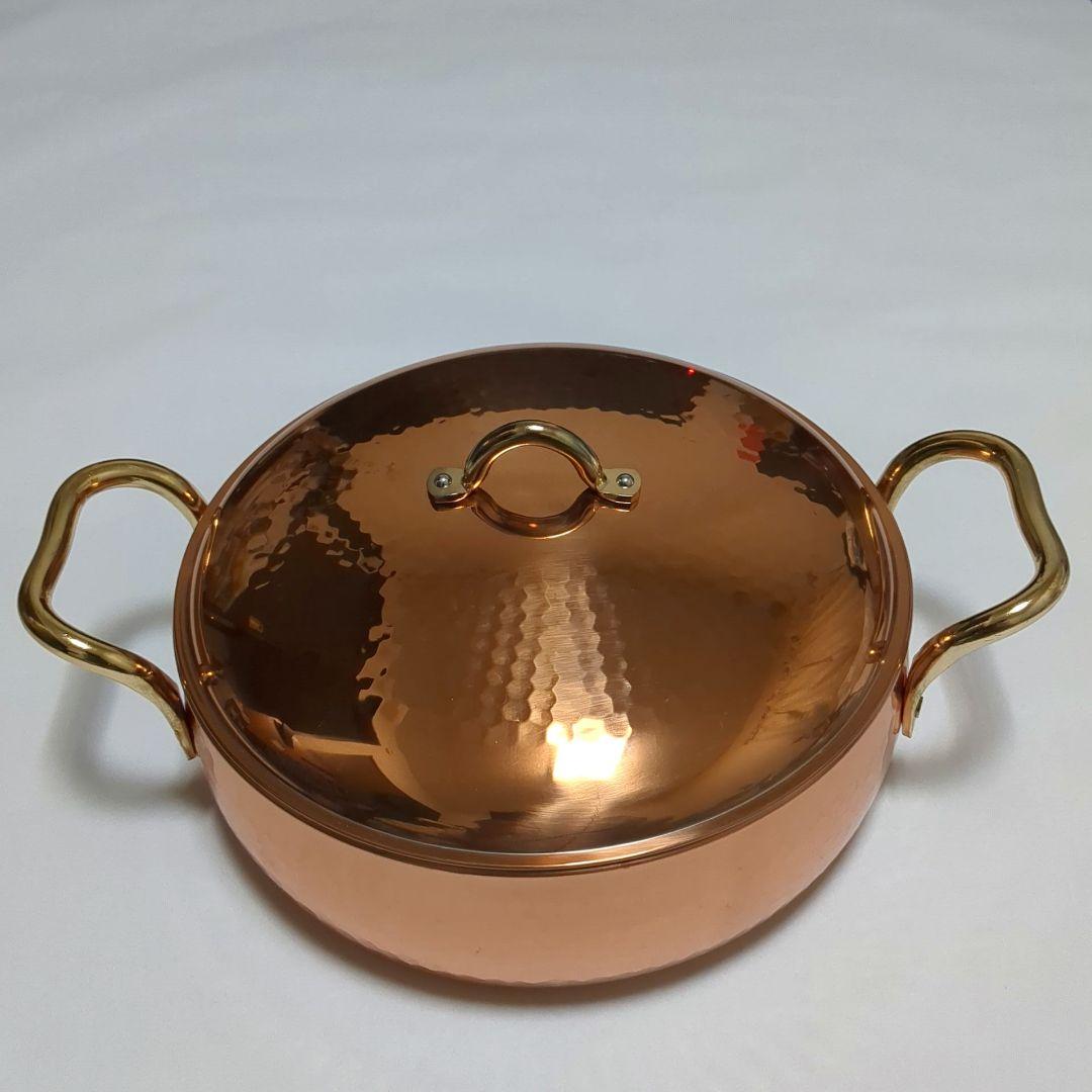 【極美品】純銅製 燕三条 鈴木製作所 槌目 両手鍋 24cm 純銅輝