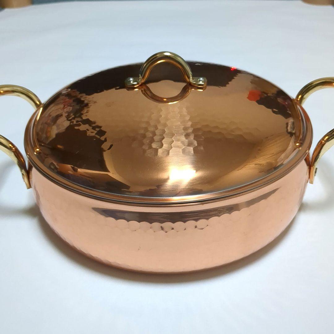 【極美品】純銅製 燕三条 鈴木製作所 槌目 両手鍋 24cm 純銅輝
