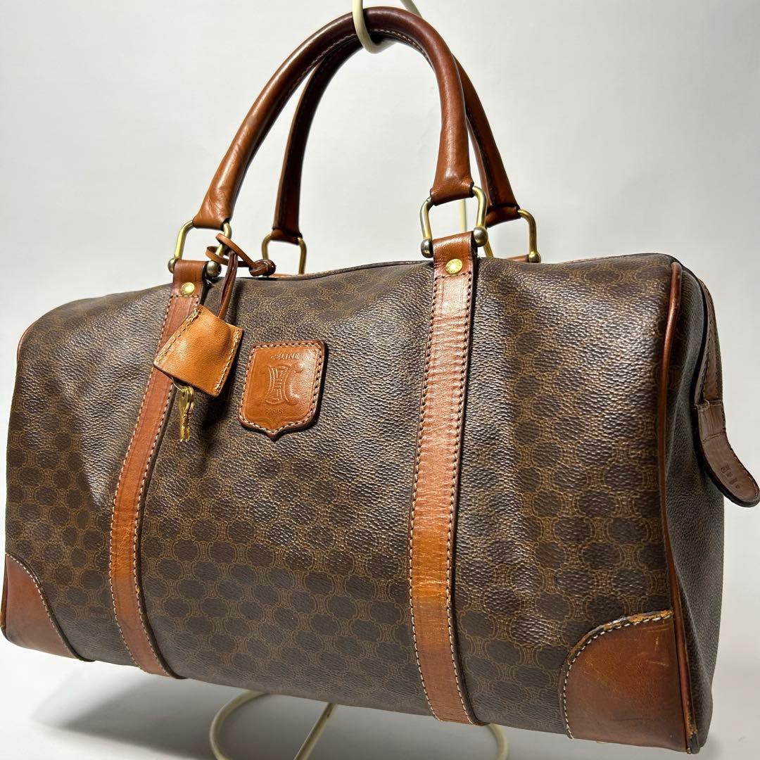 【美品】セリーヌ マカダム ボストンバッグ PVC レザー ロゴ金具 南京錠 鍵