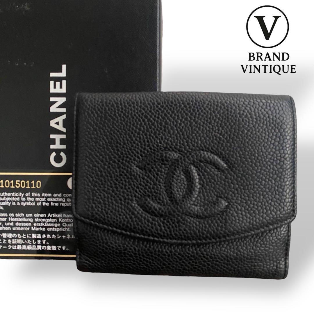 【希少】 シャネル キャビアスキン 折り財布 ブラック ココマーク　10番台