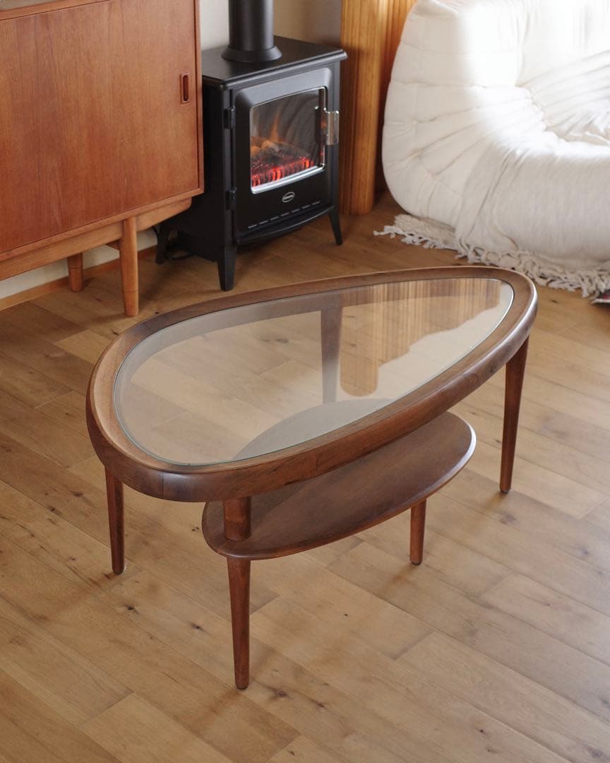 【美品】送料・設置込み！KEYUCA 木製ガラスセンターテーブル