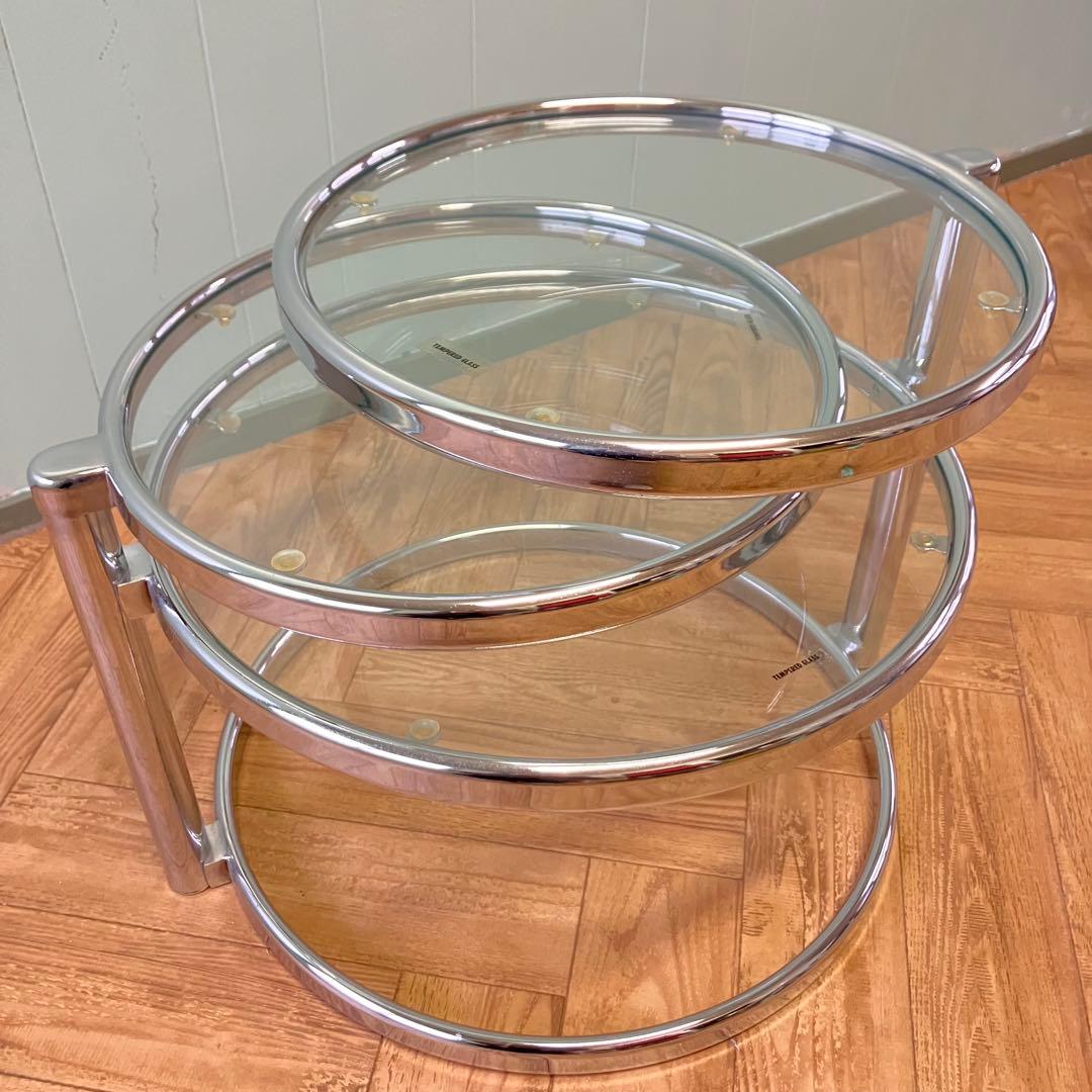 大人気❣️ミッドセンチュリー ラウンドテーブル　4段　強化ガラステーブル ✨
