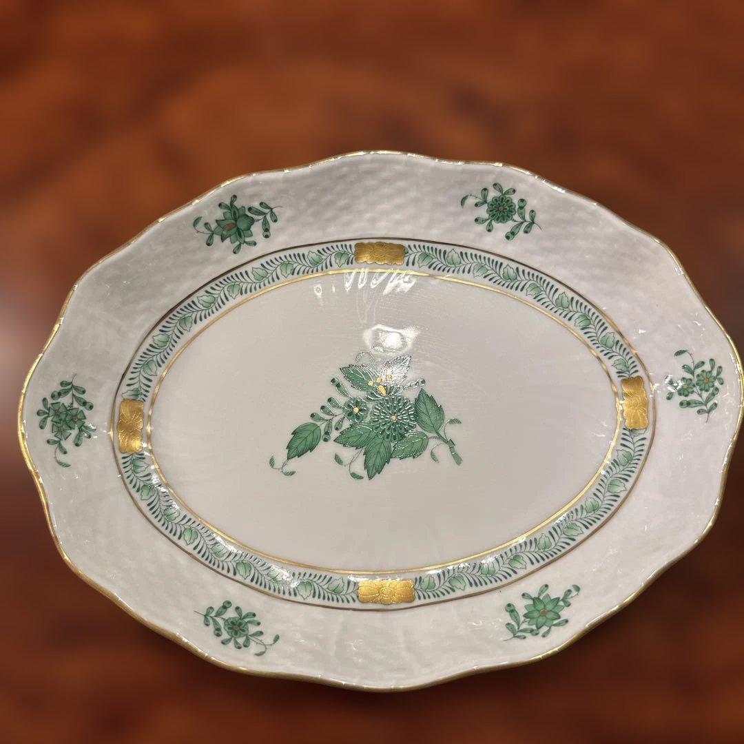 未使用ヘレンドHEREND アポニーグリーン　ケーキ皿　変形プレート　No.1