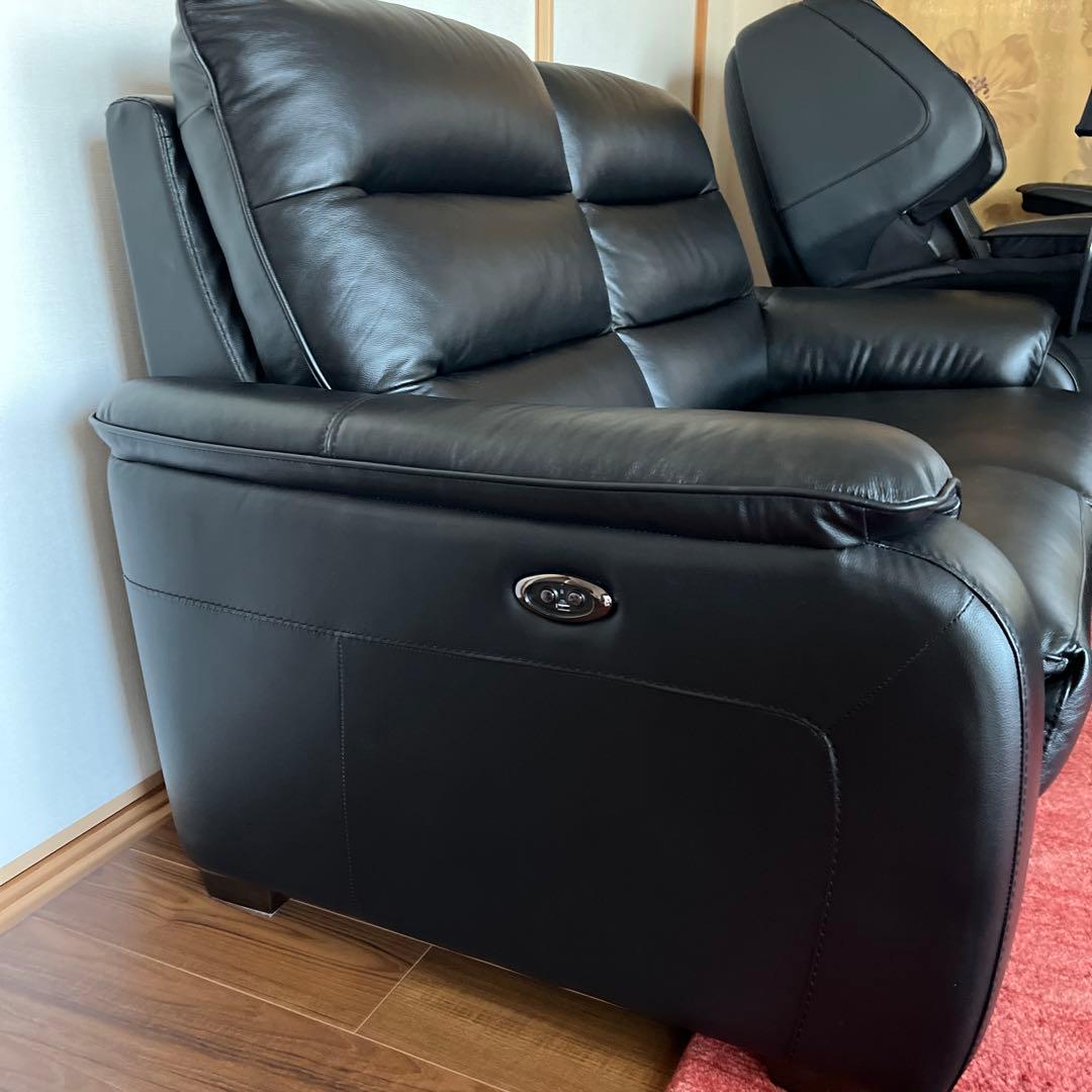 2人掛け右電動リクライニングソファ 本革(一部合成皮革)ブラック