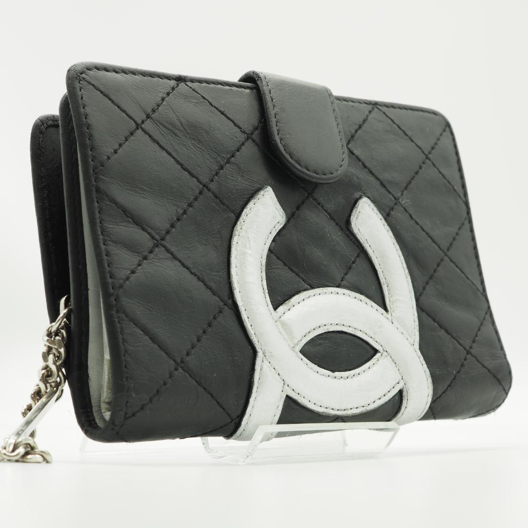 CHANEL シャネル カンボンライン ミドル 2つ折り財布 黒×シルバー